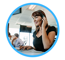 Female telesales agent speaking with a customer on the phone.